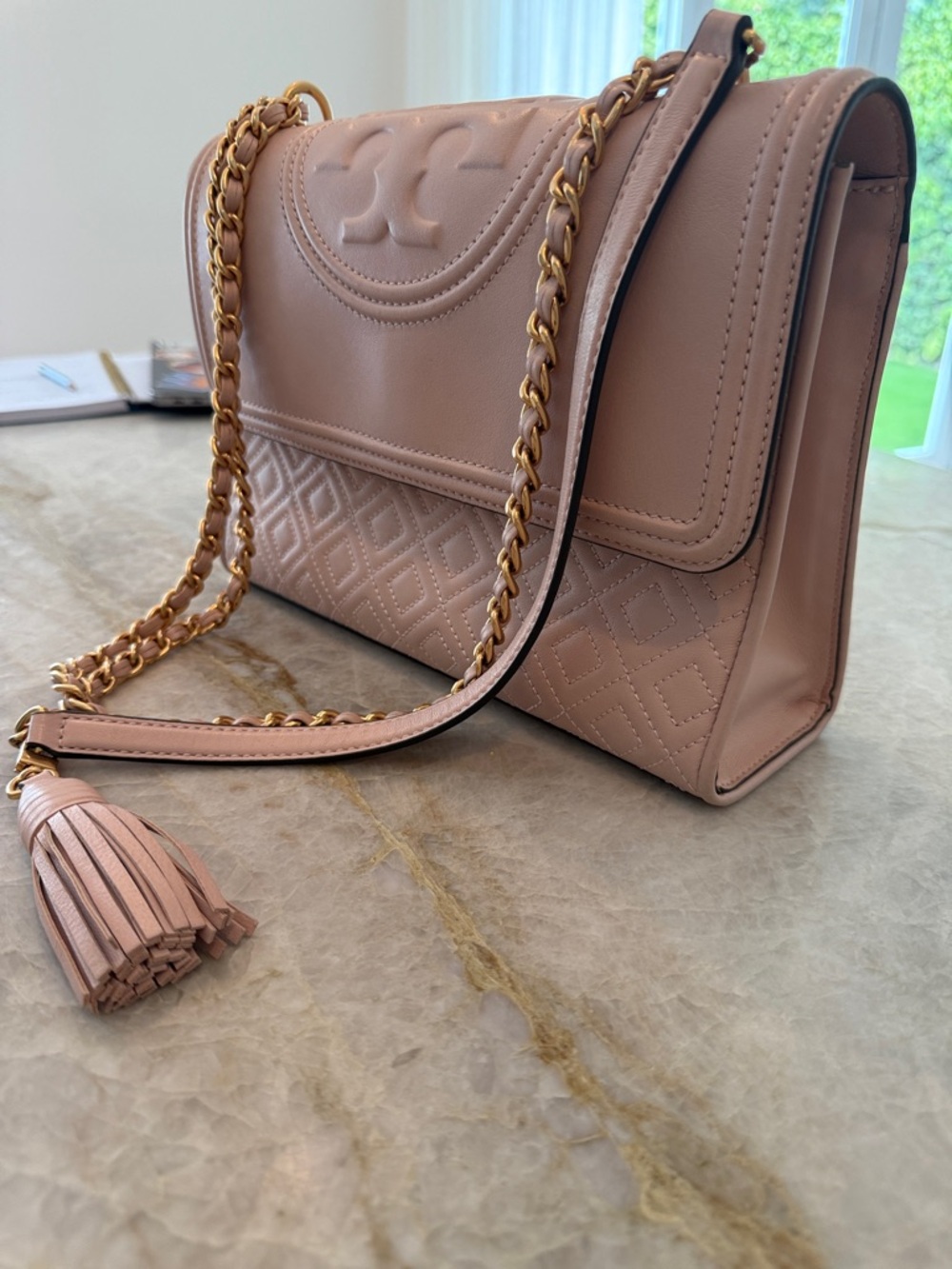 Tory Burch blush pink Fleming Chain Tassel Shoulder Bag, size medium